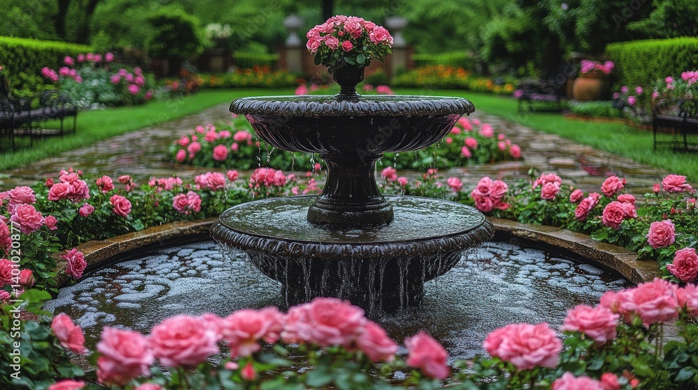 Fototapeta premium Serene Garden Fountain with Pink Roses