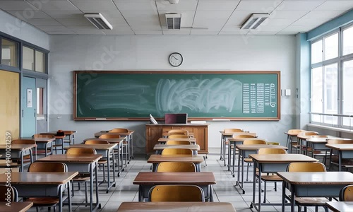 Empty classroom at a university or college or high school and the rooms have white walls and are decorated with wooden tables and chairs,The camera forward  the blackboard.4k video footage