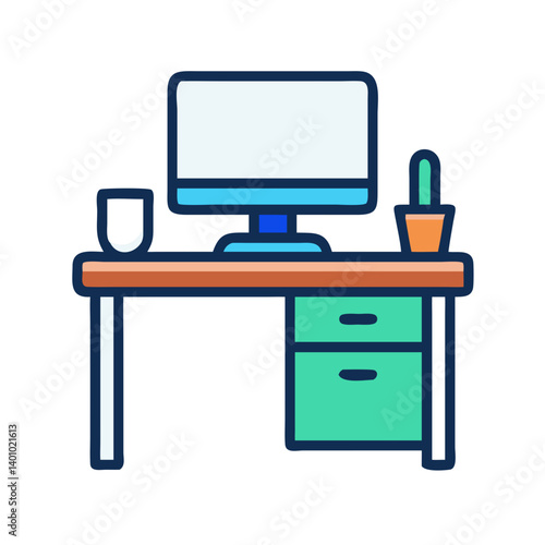 Office Desk with Computer Monitor Icon Design