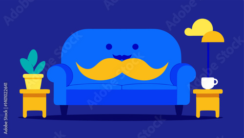 Living Room Scene A cozy living room with a plush oversized couch adorned with a whimsical exaggerated mustache. The couch is upholstered in a rich deep blue fabric and the