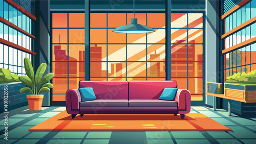 Three dimensional render of modern sofa standing in front of windows inside industrial loft