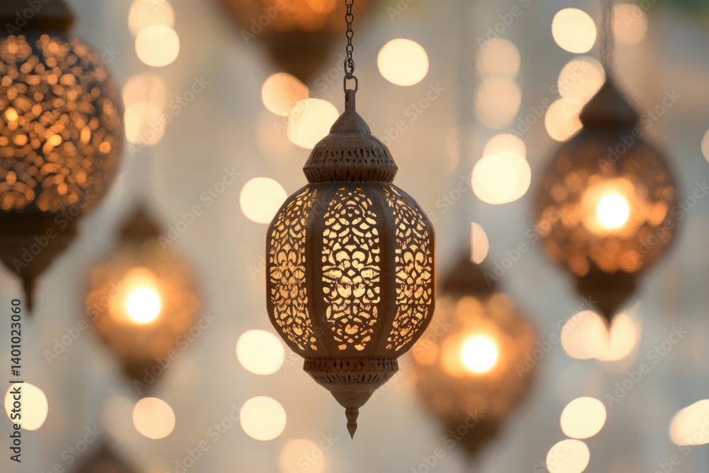 Ornate metal lanterns hanging with bokeh lights creating a warm and festive atmosphere indoors Ornate metal lanterns hanging with bokeh lights creating a warm and festive atmosphere indoors