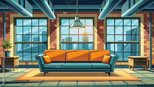 Three dimensional render of modern sofa standing in front of windows inside industrial loft