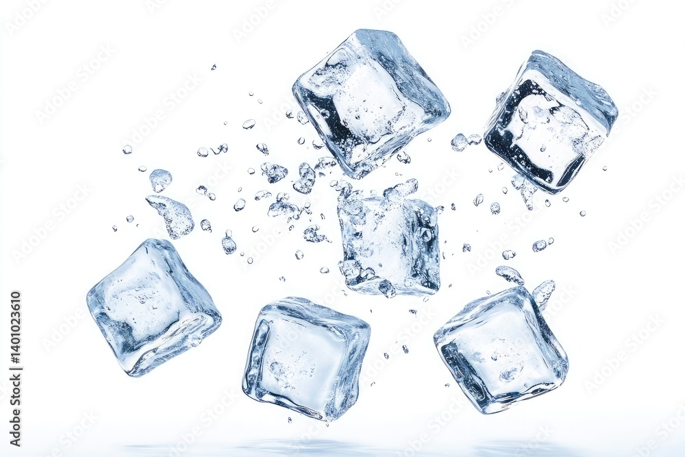 A clean image showing several ice cubes floating with water droplets on a white background plain studio shot A clean image showing several ice cubes floating with water droplets on a white background plain studio shot