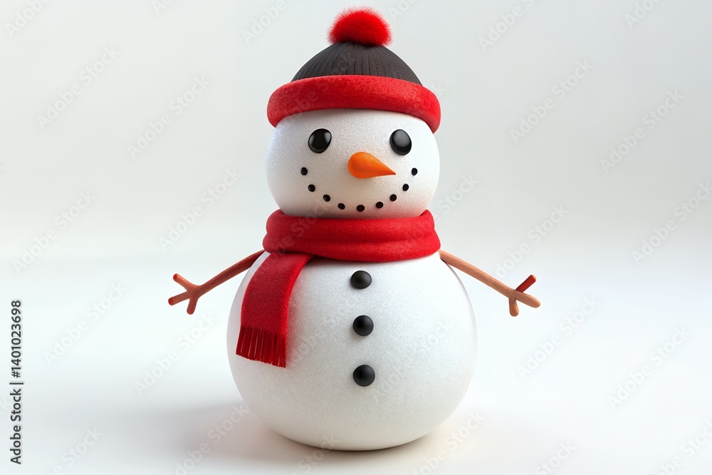 A charming snowman, bundled in a red scarf and hat, cheerfully greets the winter season against a clean white backdrop. A charming snowman, bundled in a red scarf and hat, cheerfully greets the winter season against a clean white backdrop.