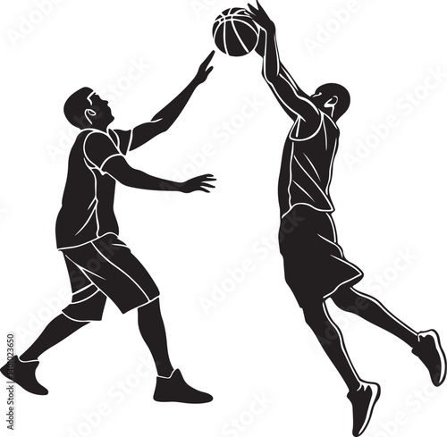 Silhouette of Boys Playing Basketball – Jump Shot and Defense Vector Illustration