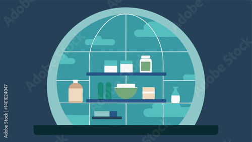 Shop Window Element The base of the globe resembling a quaint shop window with faint outlines of products behind the glass.