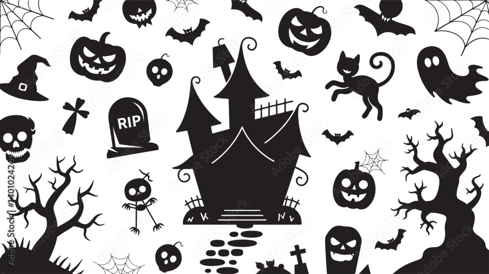 Fototapeta premium Happy Halloween set of black silhouette vector illustration isolated On Transparent Background
