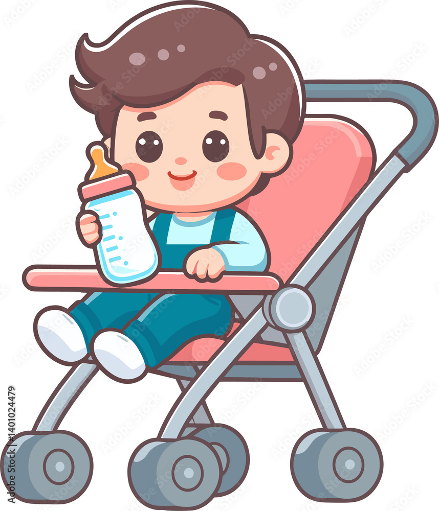 Cute cartoon baby in a stroller drinking from a bottle. Cute cartoon baby in a stroller drinking from a bottle.