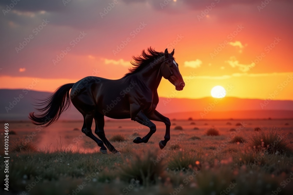 Dark horse runs freely in open landscape at sunset, nature, silhouette Dark horse runs freely in open landscape at sunset, nature, silhouette