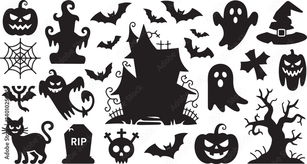 Obraz premium Happy Halloween set of black silhouette vector illustration isolated On Transparent Background