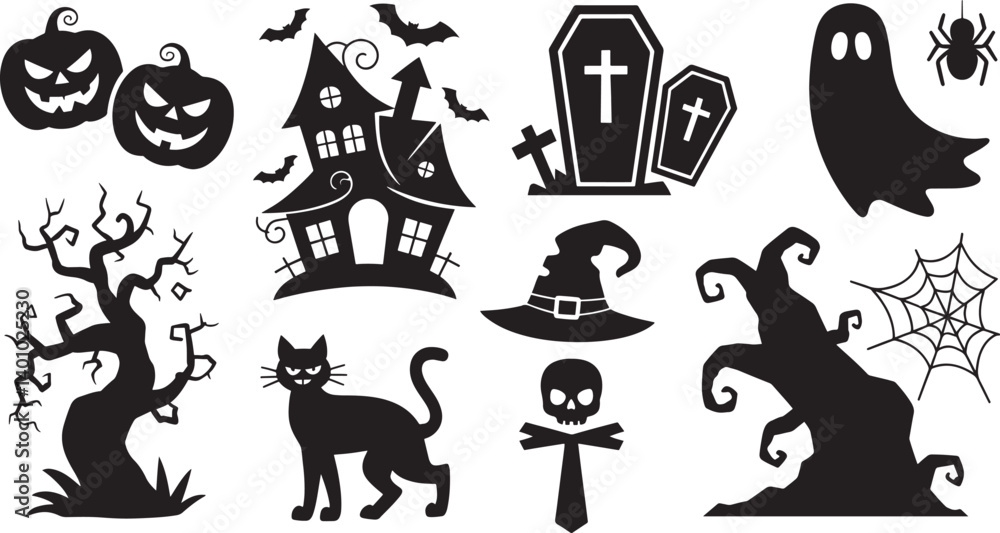 Fototapeta premium Happy Halloween set of black silhouette vector illustration isolated On Transparent Background