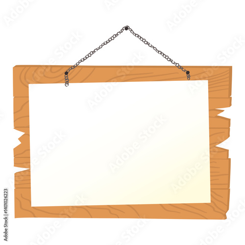 Wooden sign and pointer in green grass set. Vector cartoon old wood sign post, sign board with sheet of white paper, banners hanging on chains and arrow isolated on white. Simple flat illustration.