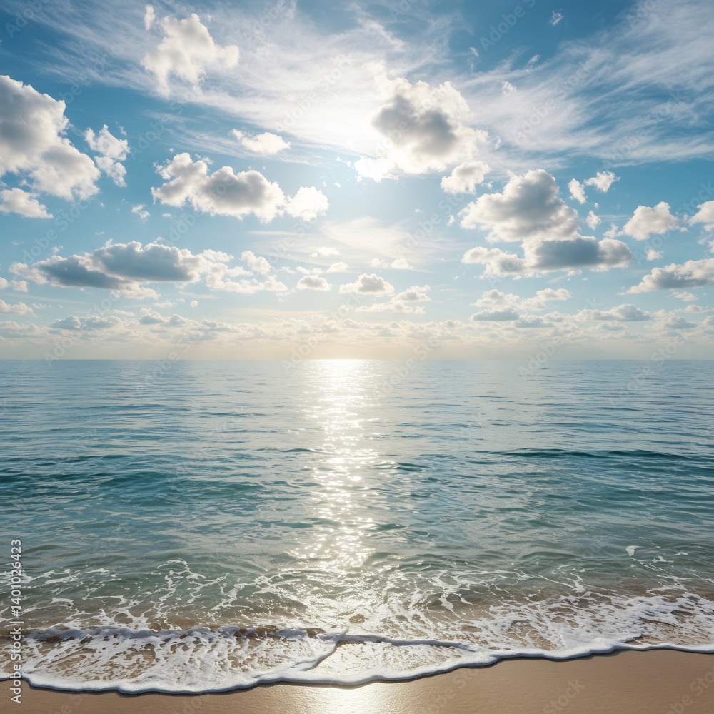 Obraz premium An ocean view with serene blue water under a partly cloudy sky. The sunlight reflecting off the ocean creates a beautiful scene of peace and tranquility