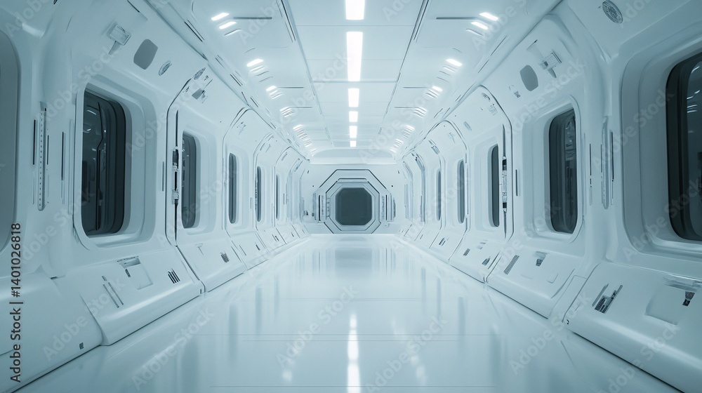 Obraz premium Futuristic corridor with white walls and bright lighting perspective view.