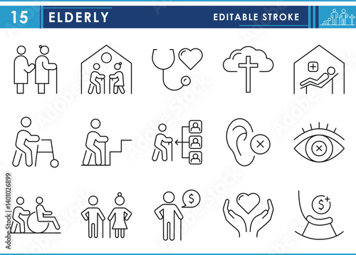 A set of line icons related to Elderly. Elder, old, healthcare, generation, problems, nursing, and so on. Vector editable stroke.