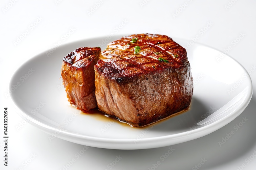 Grilled Beef Steak on White Plate with Grilling Marks and Garnish Grilled Beef Steak on White Plate with Grilling Marks and Garnish