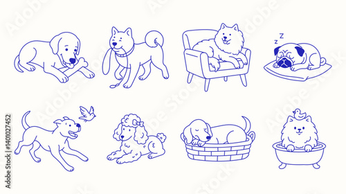 Cute dogs in Various Adorable Poses and Activities in line art