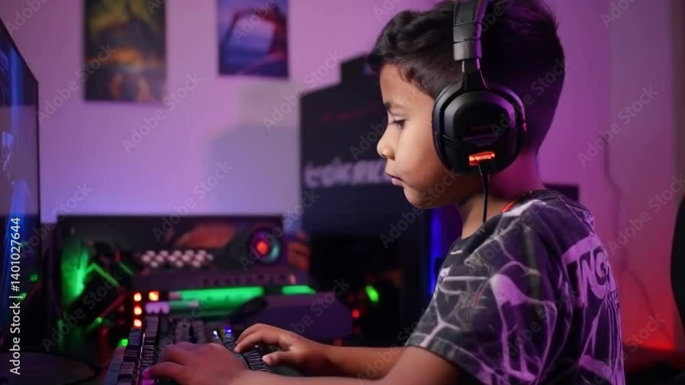 A young boy is playing a video game with a keyboard and headphones on. The room is decorated with posters and a TV is visible in the background A young boy is playing a video game with a keyboard and headphones on. The room is decorated with posters and a TV is visible in the background