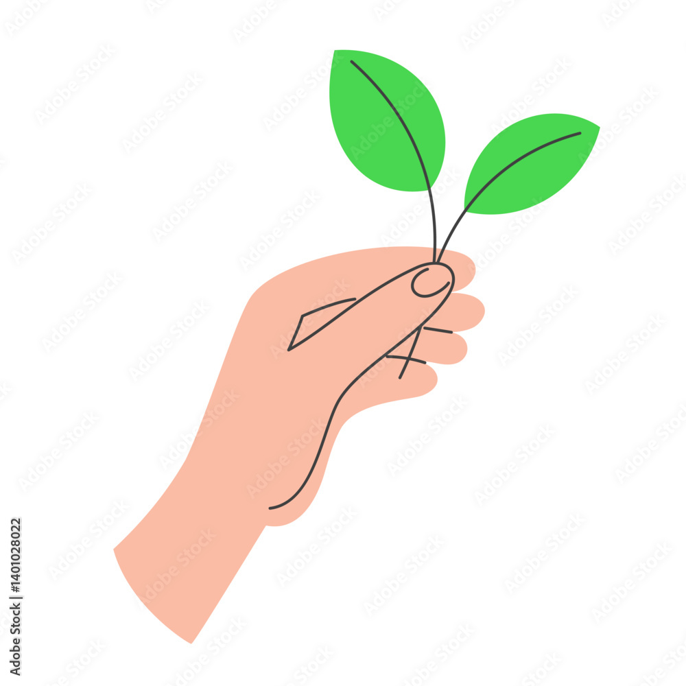Hand Holding Green Twig with Leaves. Earth Day Concept and Eco-Friendly Message in Flat Style Hand Holding Green Twig with Leaves. Earth Day Concept and Eco-Friendly Message in Flat Style