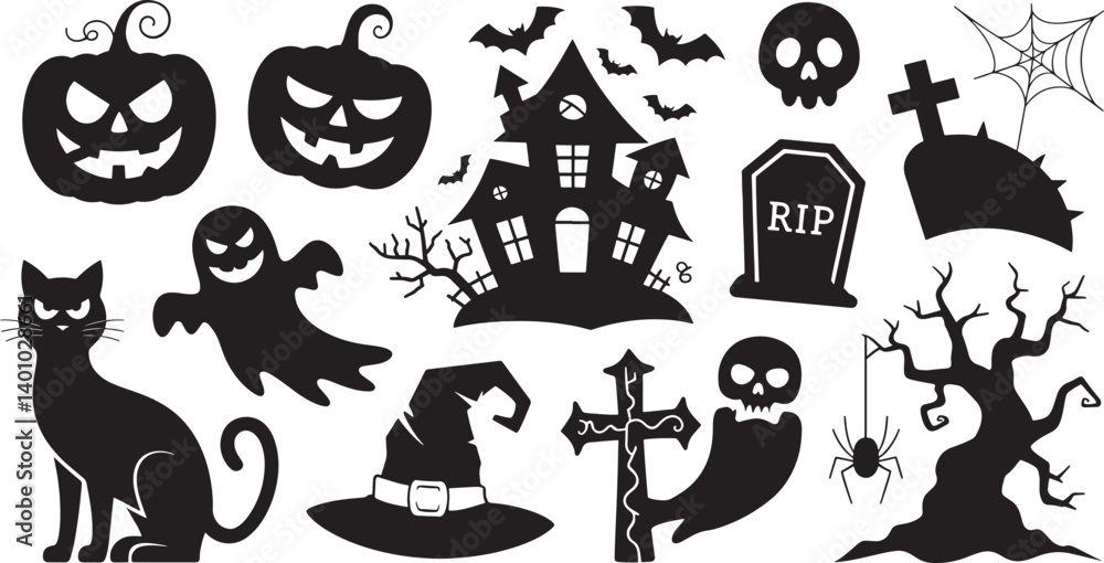 Obraz premium Happy Halloween set of black silhouette vector illustration isolated On Transparent Background