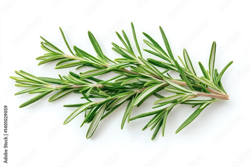 Fototapeta premium A sprig of fresh rosemary with needle like leaves on a white background in a close up still life shot