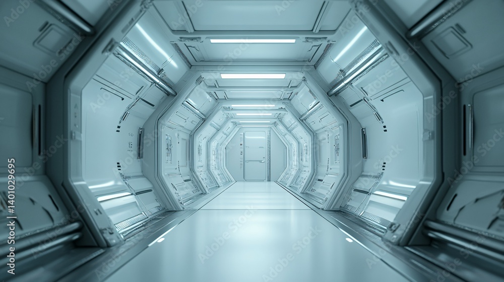 Obraz premium Futuristic corridor interior with geometric shapes and blue lighting creates a sterile environment.