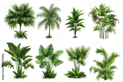 Collection of various tropical plants including palm trees and banana plants on white background