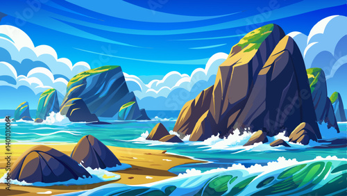 Soft ocean waves lapping at the base of enormous rocks under a bright blue sky