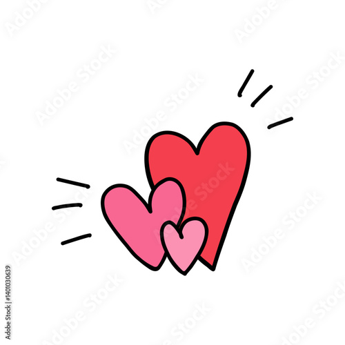 Hearts in doodle style. Hand drawn pink and red hearts symbolizing love and affection. Concept of love, romance and dating. Perfect for Valentines Day and celebrating love through heart symbols