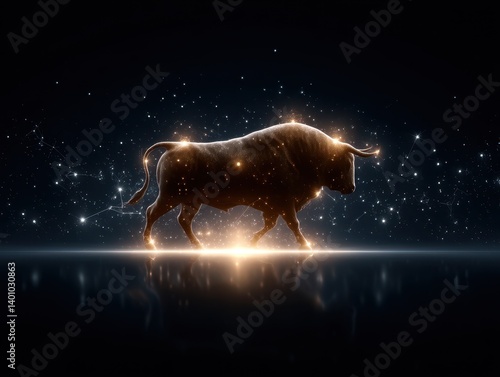 Majestic bull glowing in cosmic space surrounded by magical lights creating a surreal and captivating scene