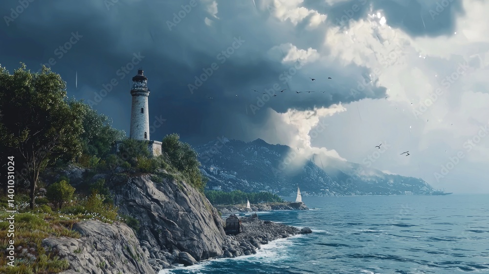 Lighthouse on a dramatic coastal cliff, under a stormy sky, overlooking the sea, with birds flying and mountains in the distance. Lighthouse on a dramatic coastal cliff, under a stormy sky, overlooking the sea, with birds flying and mountains in the distance.