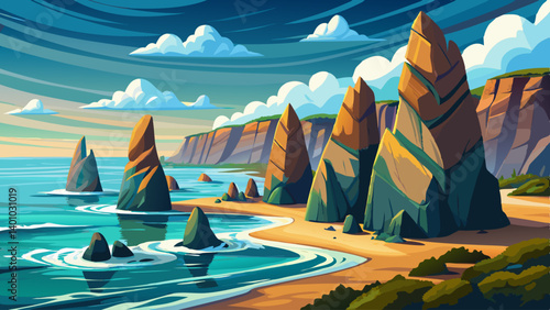 Majestic rock formations stand guard over a pristine shoreline, waves carving their bases