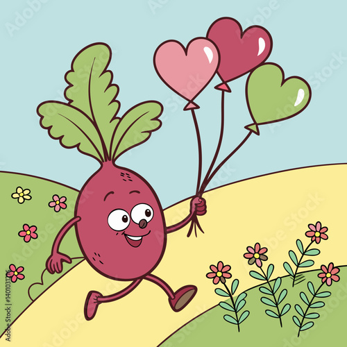 Cute Beet Skipping with Heart-Shaped Balloons – Adorable and Playful Vegetable Vector Design