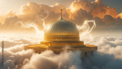 A majestic golden dome temple, resting serenely above the clouds in a breathtaking celestial sunrise, radiating ethereal peace and divine light.