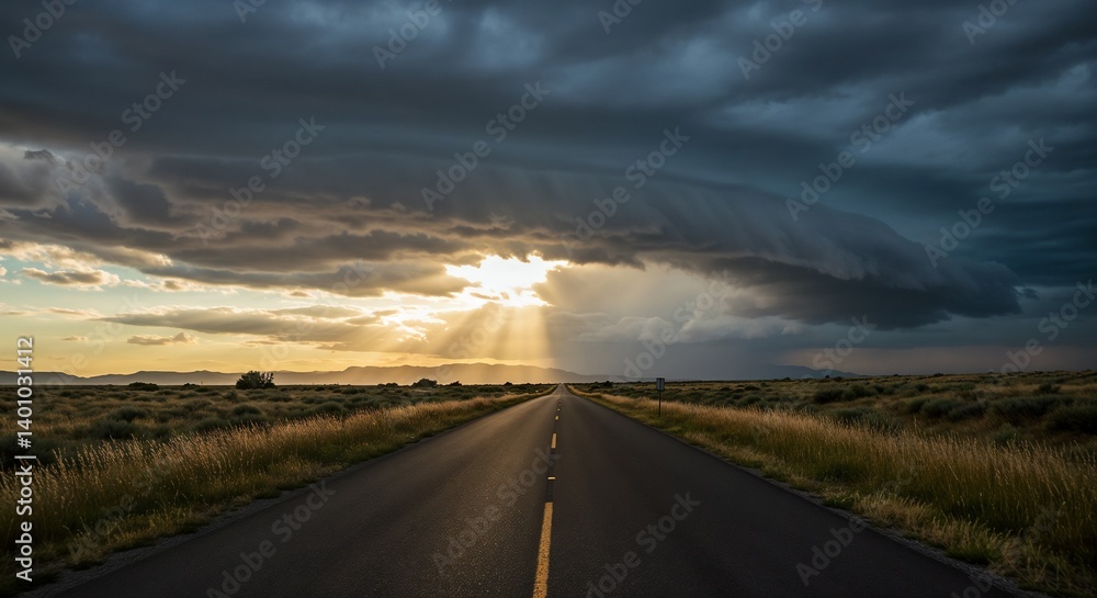 Naklejka premium Dramatic sunset over a lonely road with dark storm clouds