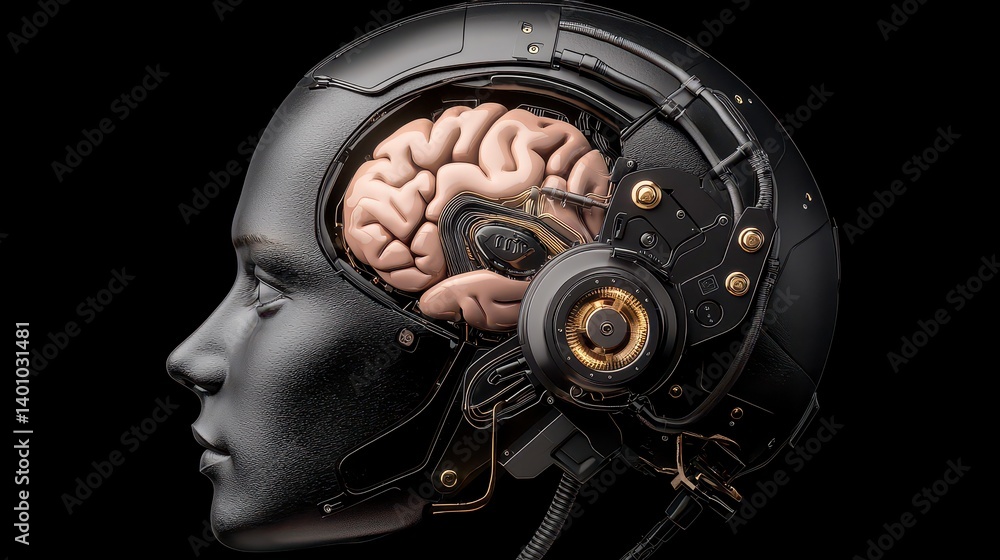 Obraz premium Abstract Robotic Head with Visible Brain 3D Render