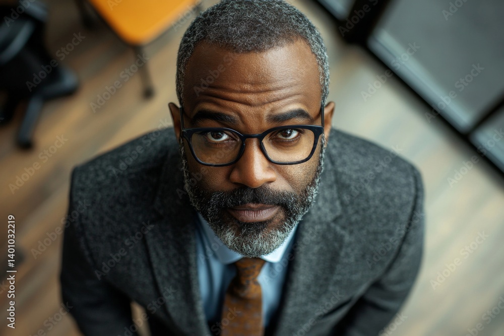 Obraz premium wide angle above portrait of a Middle aged african american businessman looking at camera in office