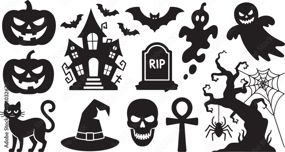 Obraz premium Happy Halloween set of black silhouette vector illustration isolated On Transparent Background