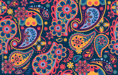 This vibrant paisley pattern features a repeating motif of paisley shapes filled with intricate flower designs in a variety of bright colors, including reds, pinks, oranges, yellows, blues, and greens