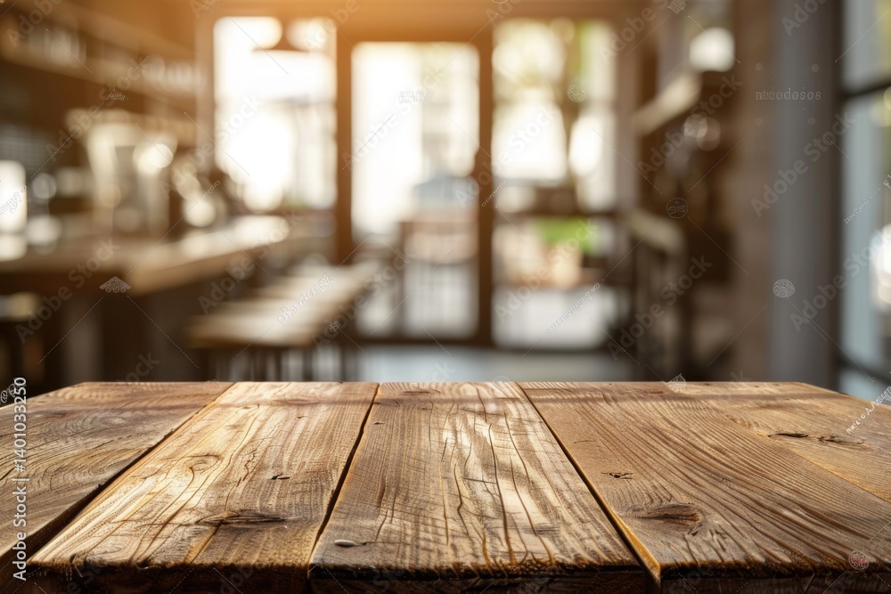 Wooden table in modern kitchen with blurred background Wooden table in modern kitchen with blurred background