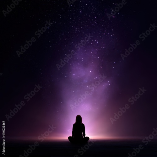 Woman sitting on the floor meditating under a starlit sky surrounded by glowing fireflies creating a peaceful scene