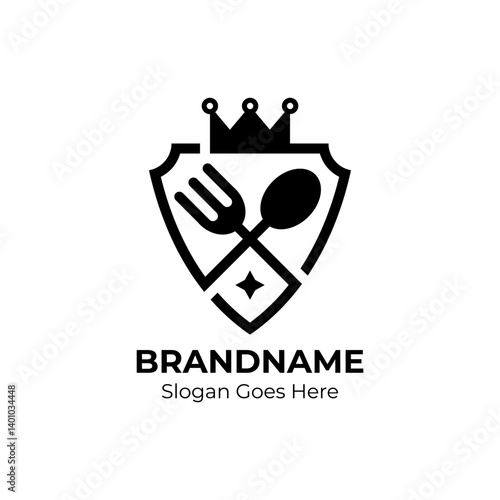 Restaurant logo with fork, spoon, and crown design template. Emblem or shield restaurant logo. 