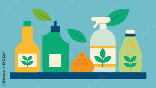 NatureFriendly Cleaning Products An illustration of a cleaning products shelf featuring biodegradable cleaners refillable spray bottles and natural sponges each displayed with