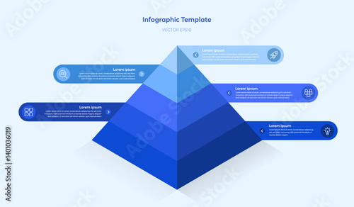 3D Triangle Pyramid Diagram Infographic Template with 5 Step Business Icons in Minimal Clean Blue Chart, Five Parts or Process for Successful Marketing Presentation or Startup Data Company Website