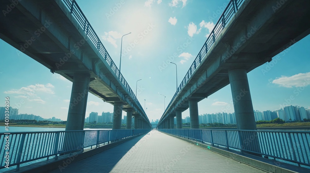 Fototapeta premium Two parallel bridges over water with a city skyline and blue sky.