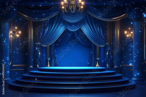 A beautiful stage with blue curtains and chandelier lighting present above it