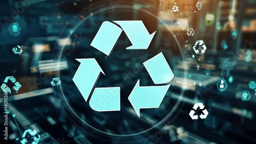 Recycling process visualized with energy flow arrows, AI-powered waste management, futuristic circular economy representation