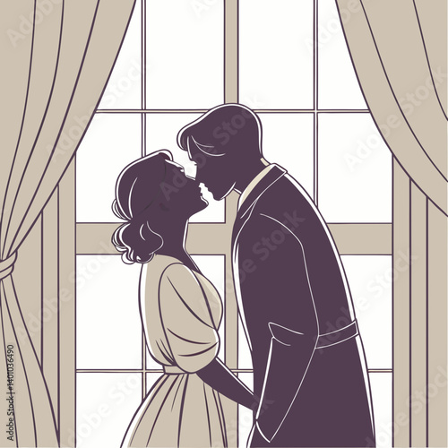 Silhouette of a bride and groom kissing by the window, a romantic wedding moment