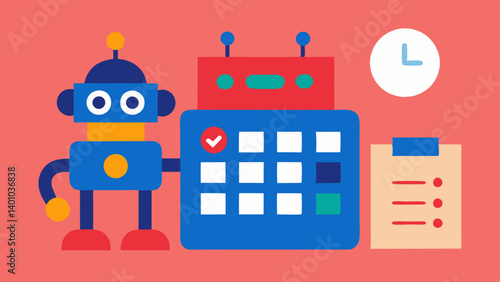 Appointment Scheduling A robot with a calendar interface automatically scheduling meetings with animated clocks and reminders popping up as tasks are completed.